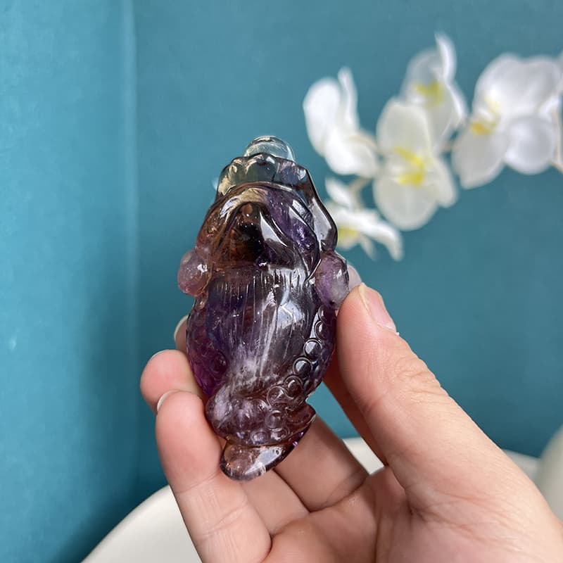 Animal Crystal Carving of Golden Toad in Ametrine