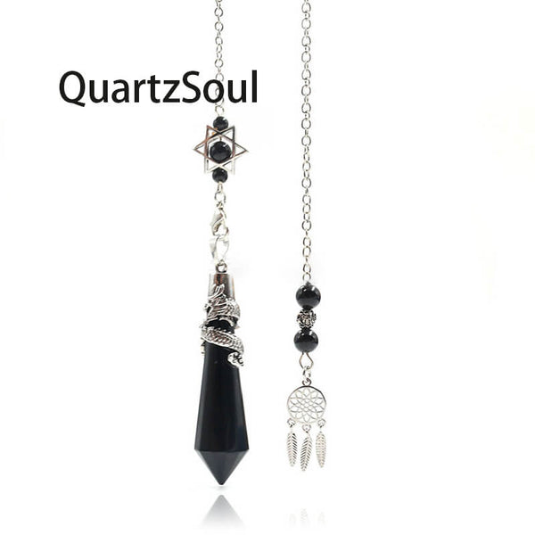 Obsidian Crystal Pendulum with Silver Dragon Wrap and Dreamcatcher