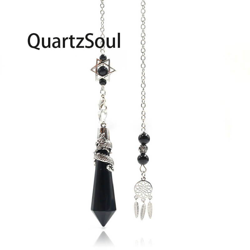 Obsidian Crystal Pendulum with Silver Dragon Wrap and Dreamcatcher