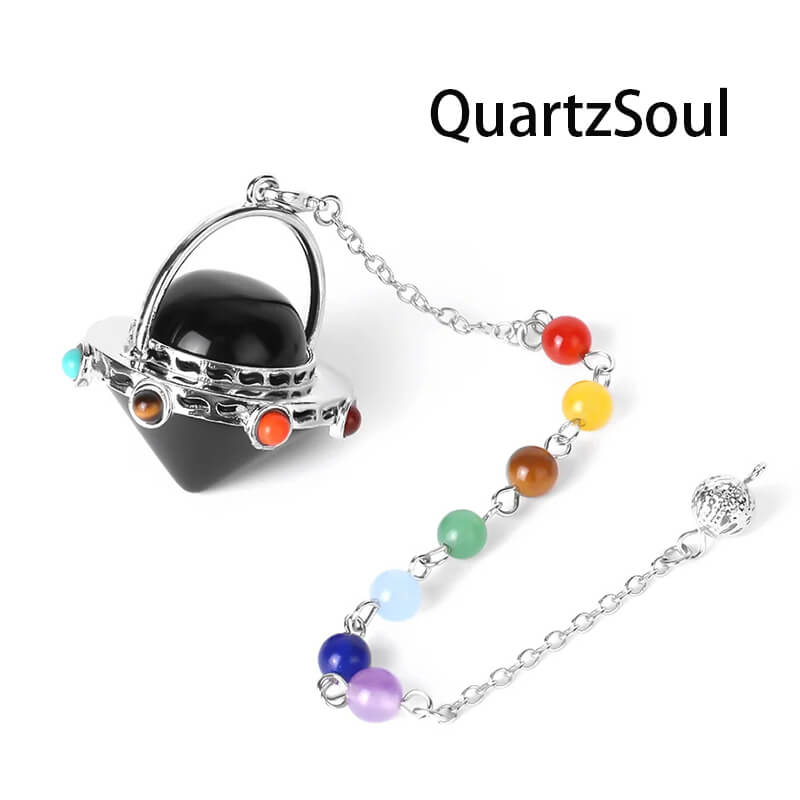 Obsidian UFO Crystal Pendulum with Chakra Gemstone Chain