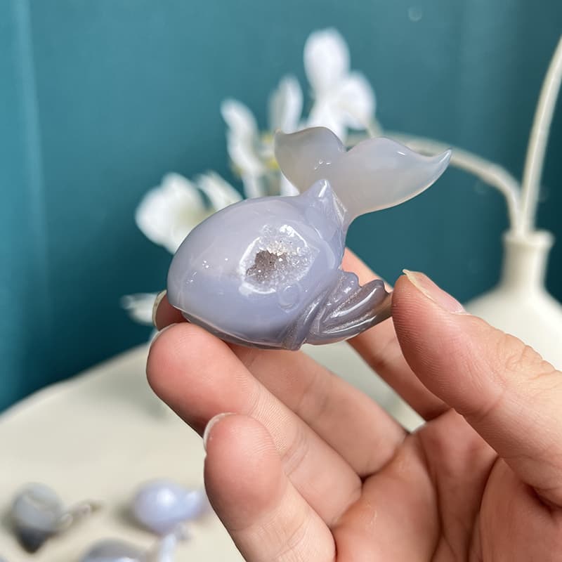 Dolphin agate crystal carving placed in crystal healing grid with complementary stones