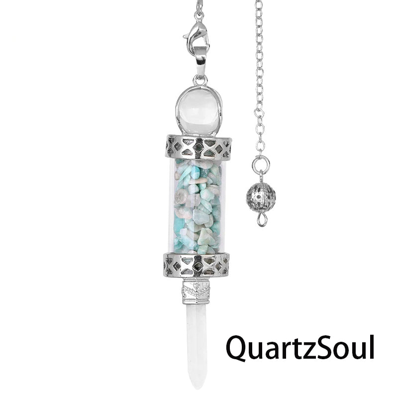 Amazon stone crystal pendulum with natural fragments in elegant cylindrical bottle