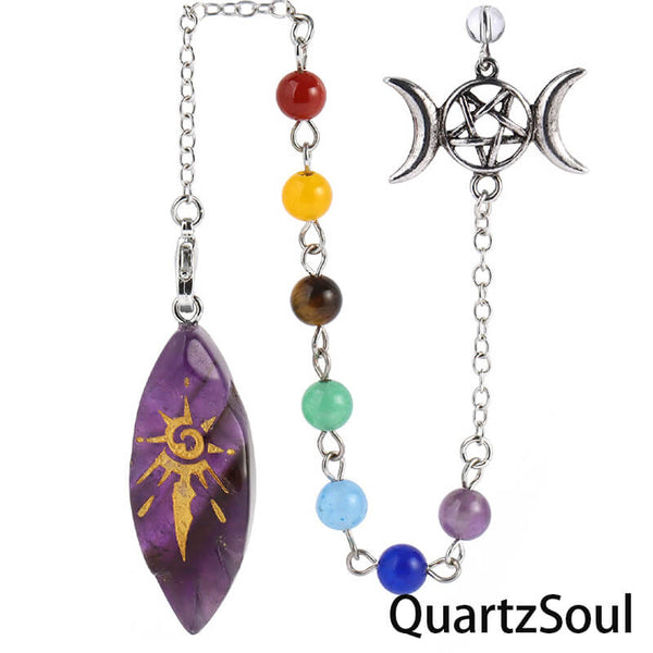 Amethyst Crystal Pendulum with Chakra Stones and Triple Moon Divination Tool