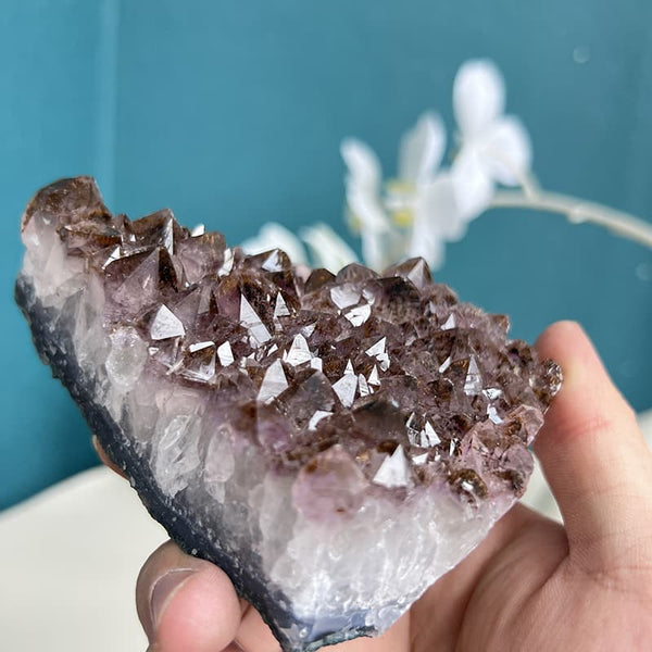 Close-up of amethyst crystal formation showing natural terminations