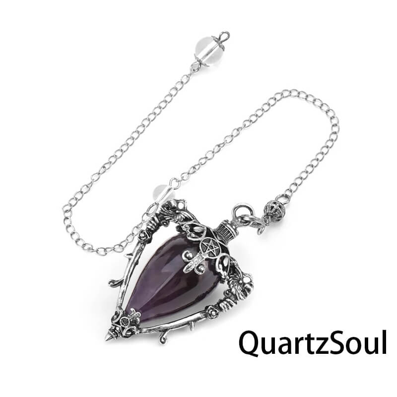Amethyst teardrop crystal pendulum with silver filigree detail