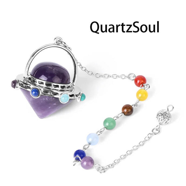Amethyst UFO Crystal Pendulum with Chakra Gemstone Chain
