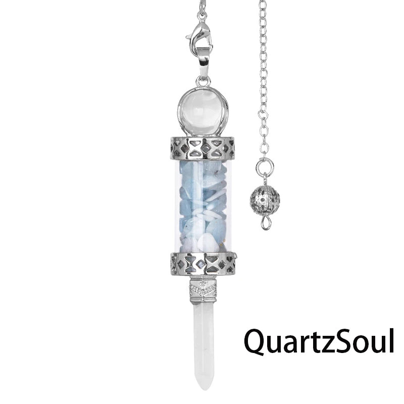 Aquamarine crystal pendulum with blue stone fragments for clear communication