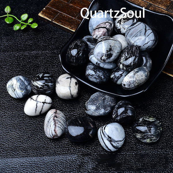 Premium Black Zebra Jasper Tumbled Stones in Decorative Bowl for Crystal Collection