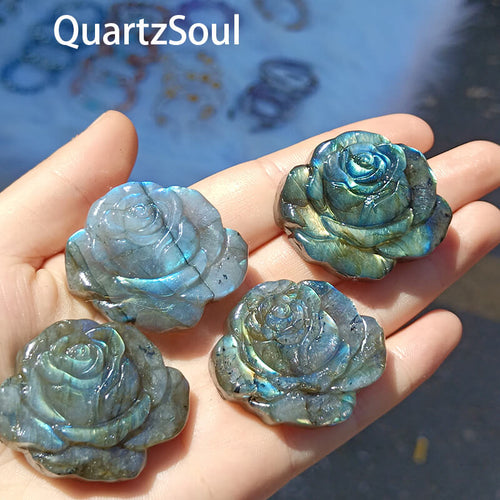 Hand-carved blue flash labradorite rose crystal with iridescent shimmer for wholesale crystal suppliers