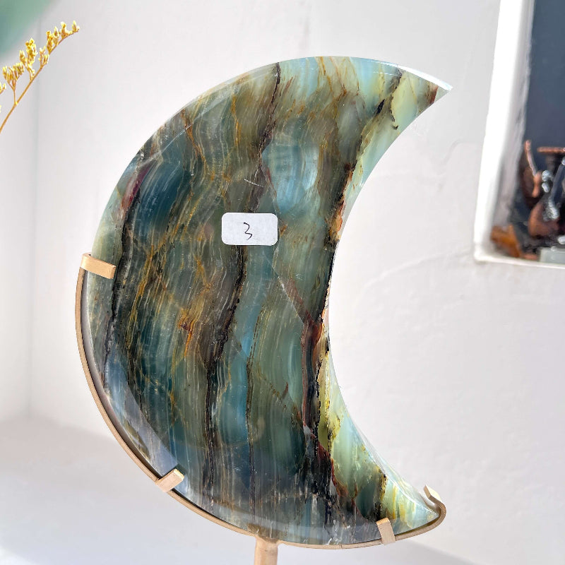 Blue Onyx Moon Crystal with Decorative Brass Stand