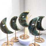 Blue Onyx Moon Crystal Carvings on Brass Stands Home Decor
