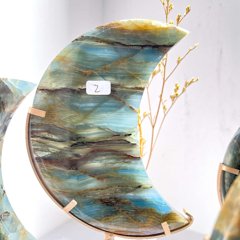 Blue Onyx Moon Crystal Carving in Modern Living Room Decor