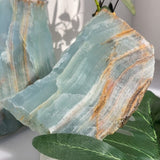 Blue onyx slab used as foundation for crystal grid