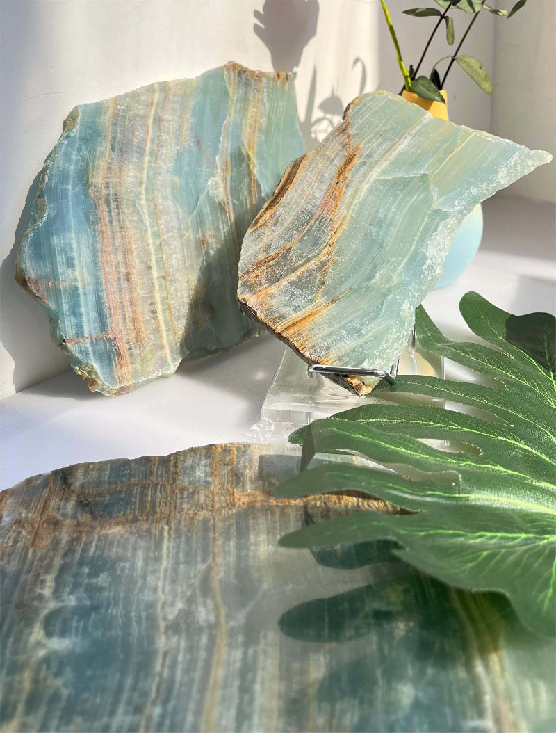 Blue onyx slab in meditation space setting