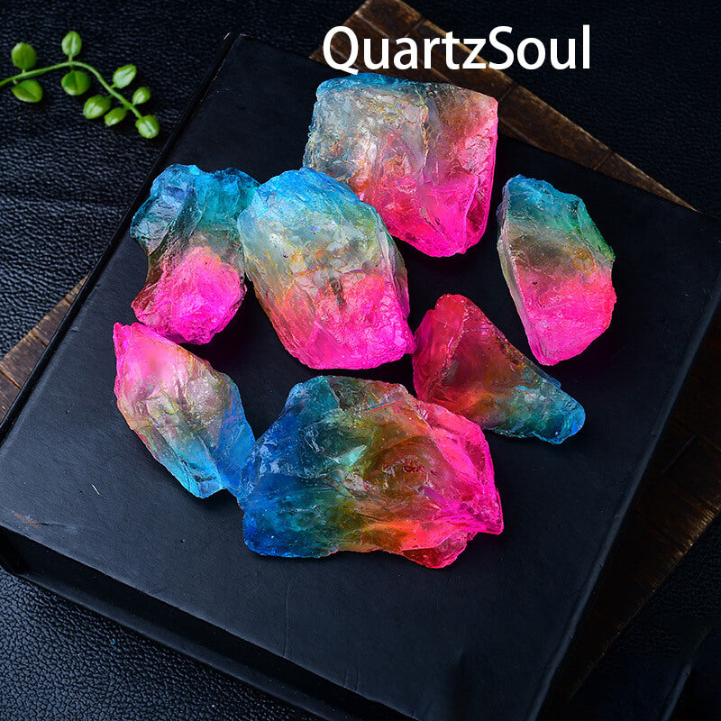 Natural raw crystal quartz with electroplated blue and pink finish on display plate