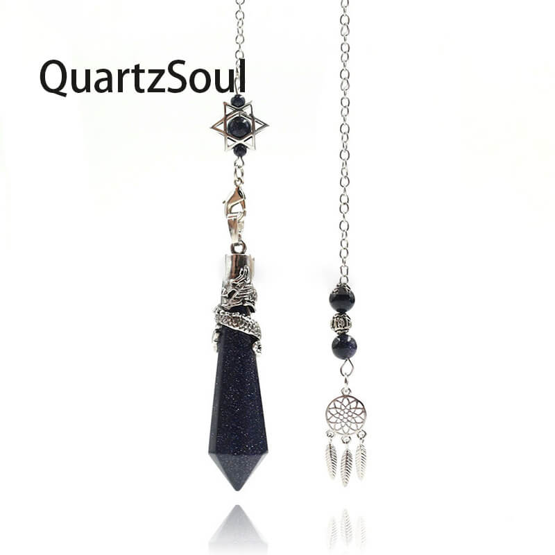 Blue Sandstone Crystal Pendulum with Dragon Wrap and Star Holder