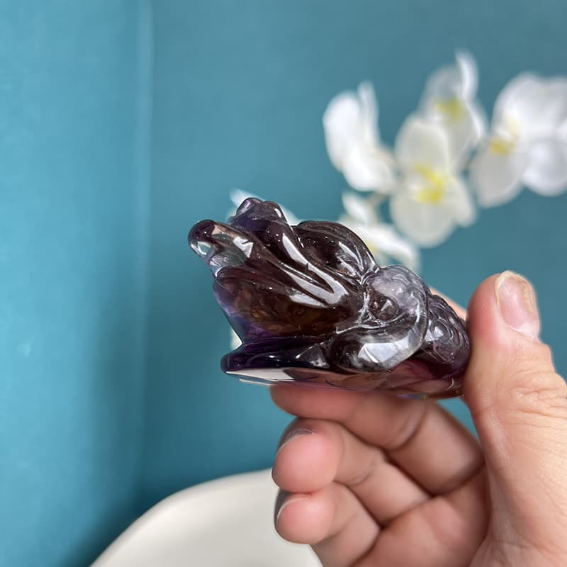 Carved Ametrine Crystal in Golden Toad Figurine Form