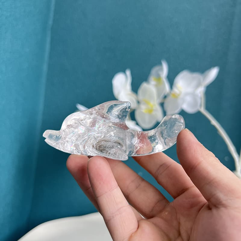 Side view of Clear Quartz Flying Fish Crystal Carving