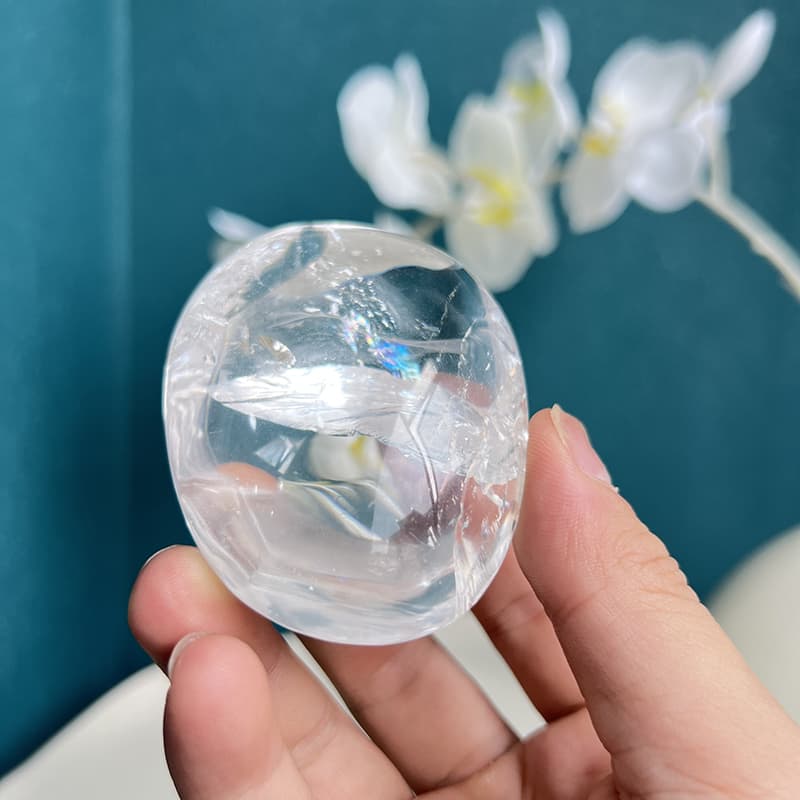 Clear quartz free form crystal front view showing internal clarity
