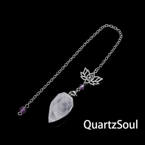Clear quartz crystal pendulum with lotus charm for clarity and amplification