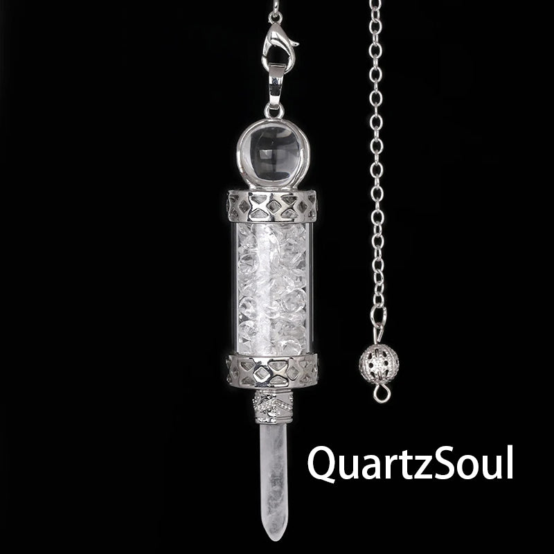Clear Quartz crystal pendulum bottle with silver chain for intuitive readings