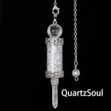 Clear Quartz crystal pendulum bottle with silver chain for intuitive readings