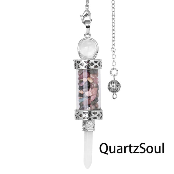 Colorful Tourmaline crystal pendulum with multi-hued stone chips in chamber