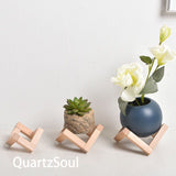 Various sizes of wooden heart display stands with crystals and plants