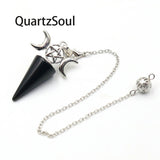Obsidian divination pendulum with silver moon and pentagram charms