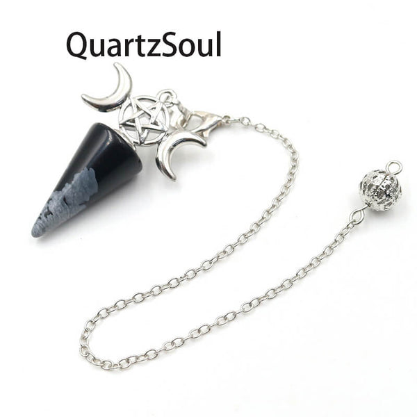 Alabaster crystal pendulum with silver divination symbols on chain