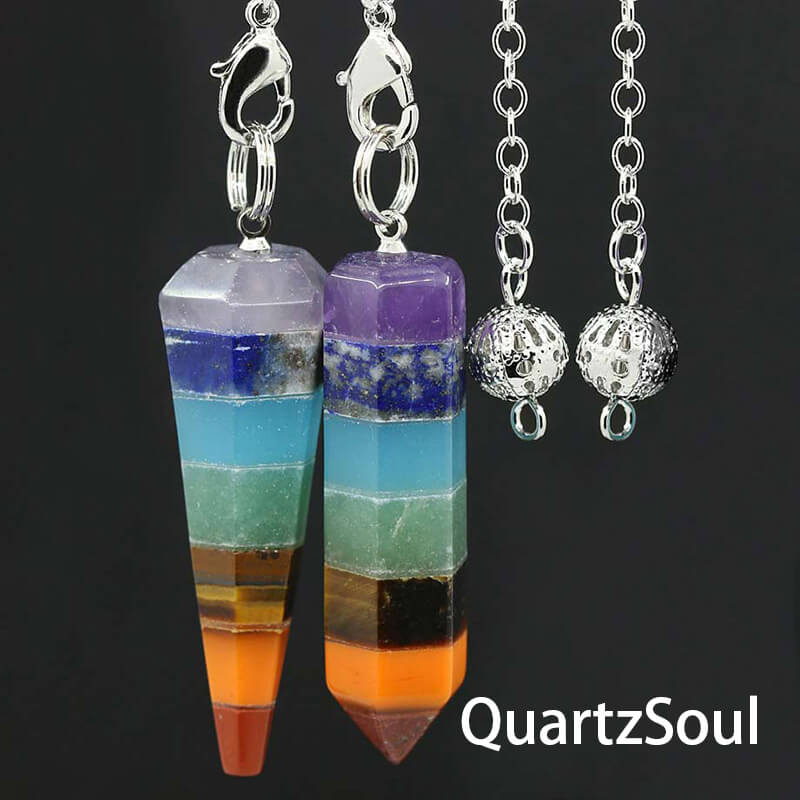 Silver Chain Detail on Rainbow Chakra Crystal Pendulum