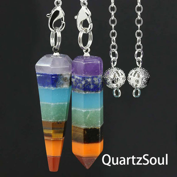 Silver Chain Detail on Rainbow Chakra Crystal Pendulum
