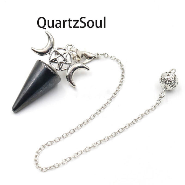 Hematite pendulum with protective pentagram and moon symbols