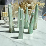 Green Calcite Crystal Towers Display for Healing Practitioners