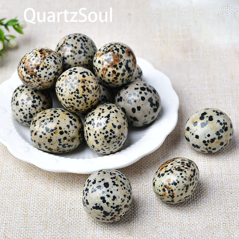 Dalmatian Jasper polished tumbled stones in various sizes on white plate
