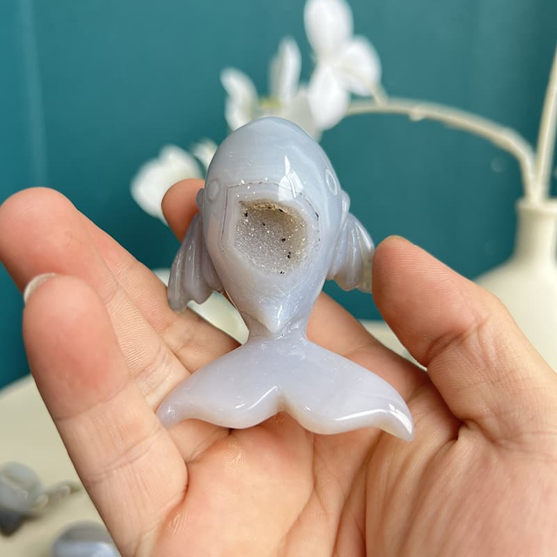 Dolphin white agate crystal carving close-up detail