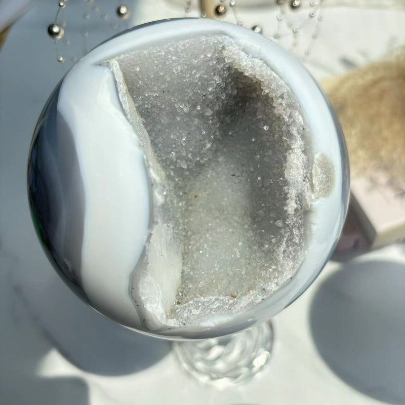 Natural Druzy Agate Sphere Showing Crystalline Geode Formation