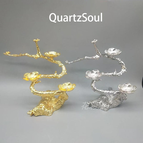 Elegant floral branch crystal ball stand display in gold and silver finish for spheres and crystals