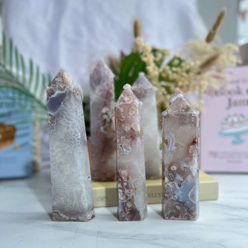 Flower Agate Tower showcasing healing properties and natural patterns