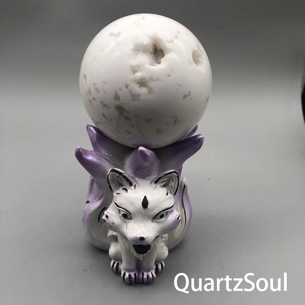 Purple Nine-Tailed Fox Crystal Display Stand Holding Sphere - Decorative Base