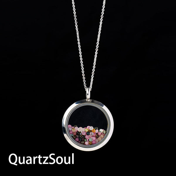 Model Wearing Glass Photo Box Crystal Pendant Necklace