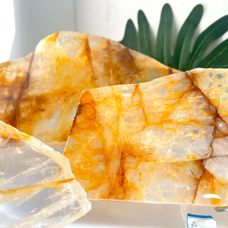 Various Sizes of Golden Healer Crystal Slabs Comparison