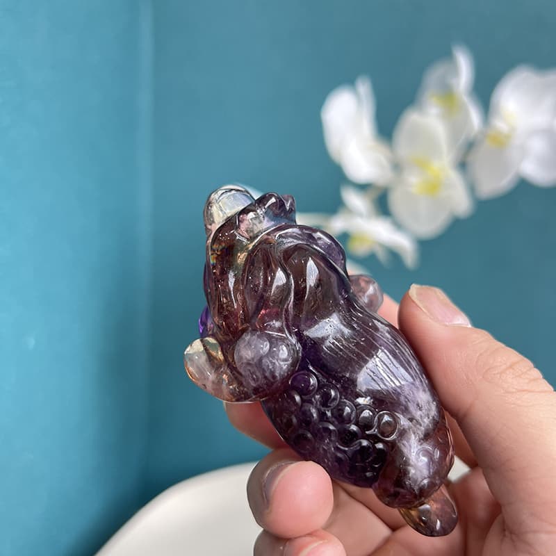 Natural Pattern and Color Variations in Golden Toad Ametrine Carving