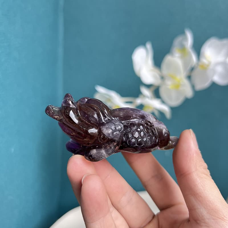 Side View of Golden Toad Ametrine Crystal Carving
