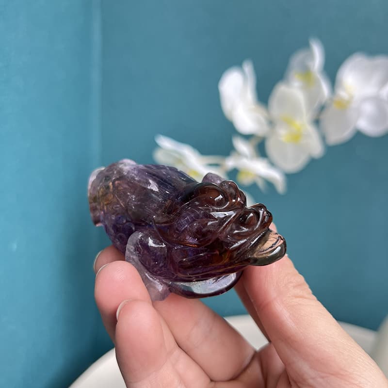 Golden Toad Ametrine Crystal Carving as Prosperity Symbol