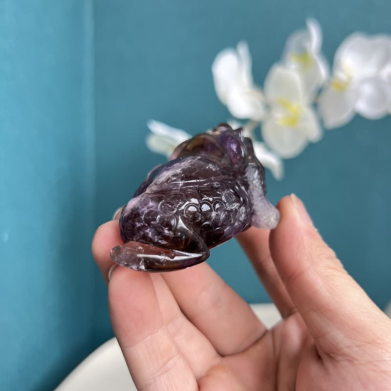 Golden Toad Ametrine Crystal Carving on Display Stand