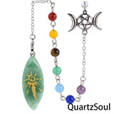 Green Aventurine Crystal Pendulum with Seven Chakra Stones and Triple Moon Symbol