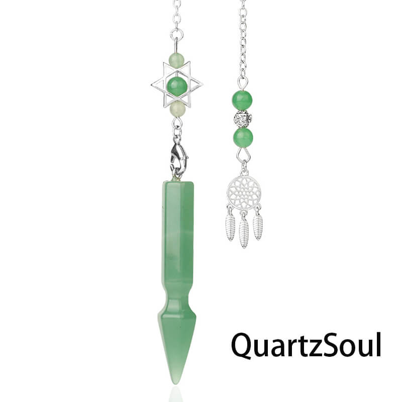 Green aventurine crystal pendulum with dreamcatcher for spiritual guidance