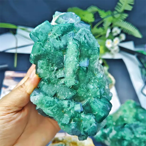Green Fluorite Crystal Cluster Showcasing Cubic Structure