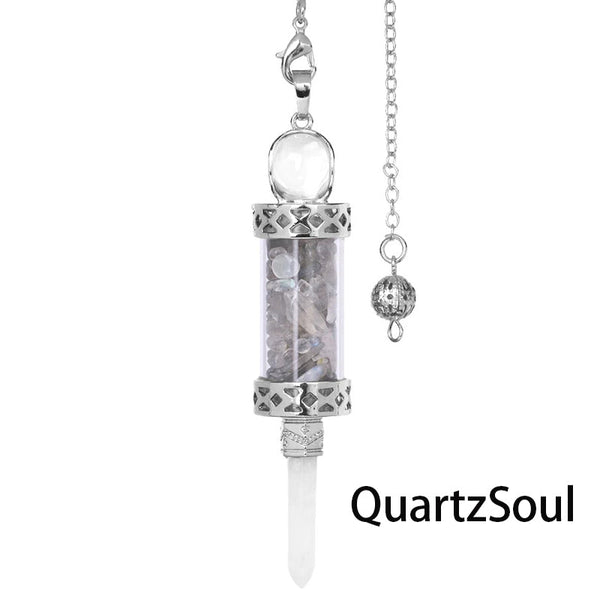 Labradorite crystal pendulum with shimmer stone chips in elegant cylinder